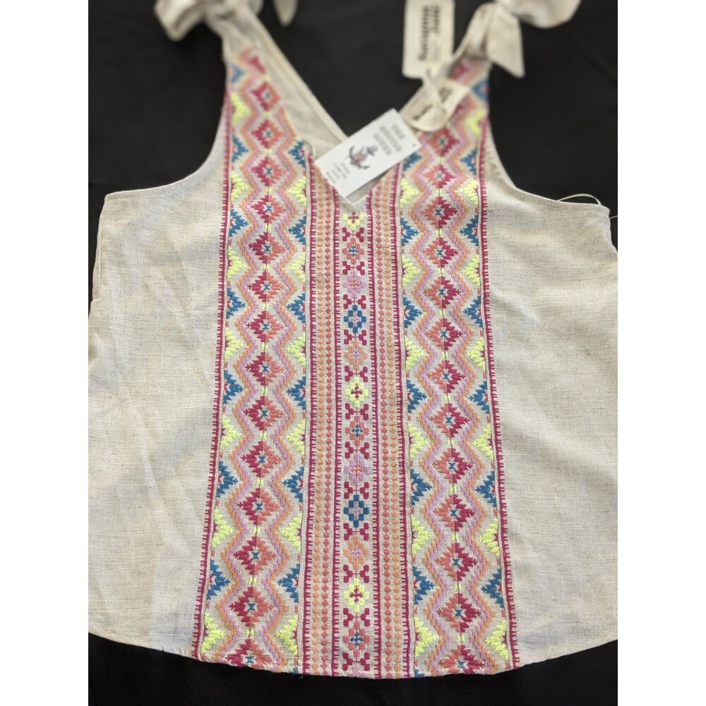 NWT Embroidered  Boho Eco Cotton & Linen Top Size Medium Boho Tie Strap Aztec
